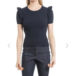 CINQ A SEPT Shirt SHORT SLEEVE SLOANE TOP Ribbed Knit Navy Blue Sz M